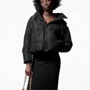Zara, size Small, black puffer jacket, Hooded, zip up. Pockets